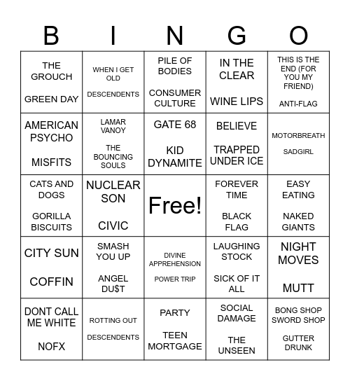 SF PUNK BINGO ROUND 2 Bingo Card
