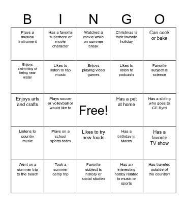 Back to School Bingo Card