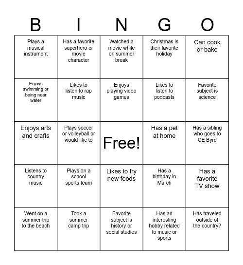Back to School Bingo Card