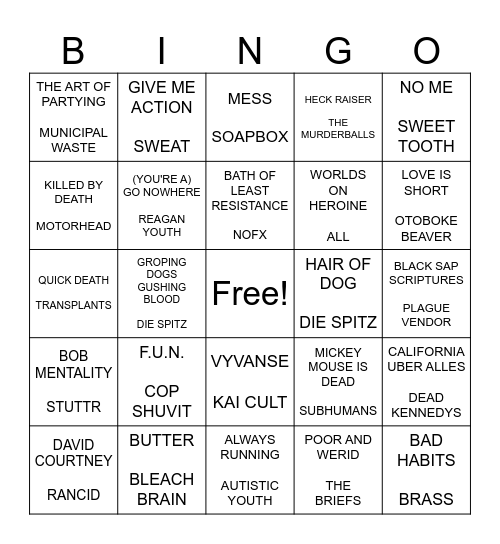 SF PUNK BINGO ROUND 3 Bingo Card