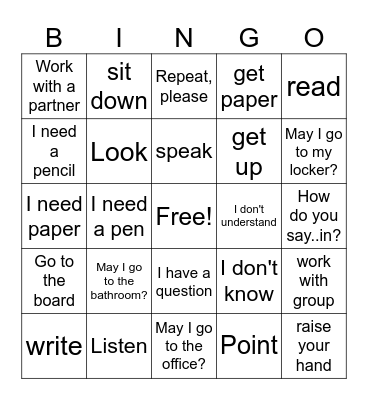 Classroom Commands/Phrases Bingo Card