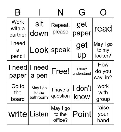Classroom Commands/Phrases Bingo Card