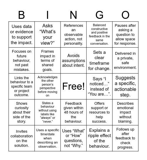 Feedback Bingo Card