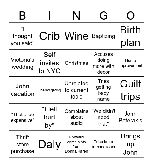 Mom Says: Baby Edition Bingo Card