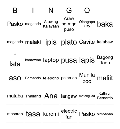 PANGNGALAN at pang-uri Bingo Card