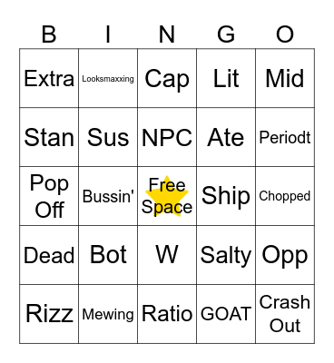 Teen Slang Bingo Card