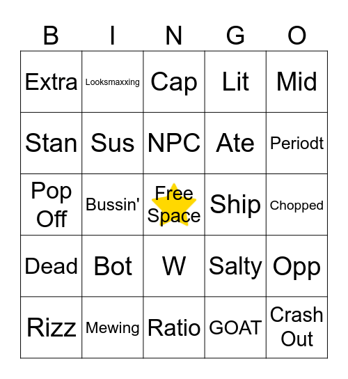 Teen Slang Bingo Card
