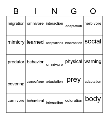 Adaptaion Bingo Card