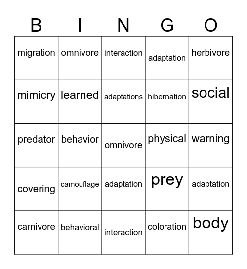 Adaptaion Bingo Card