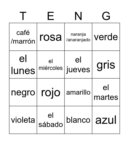 Los colores y los dias Bingo Card