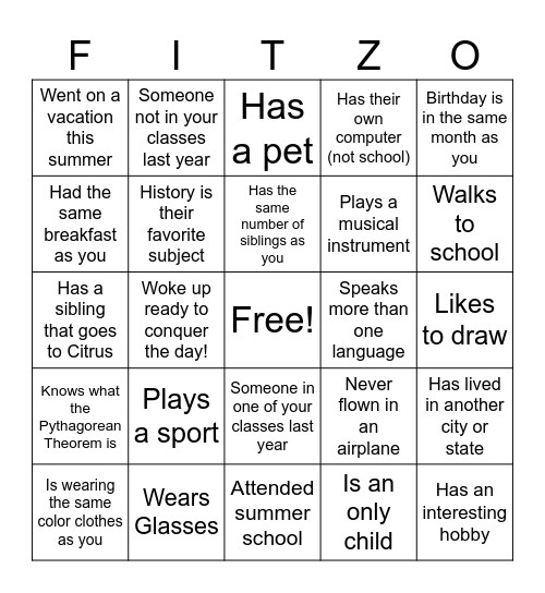 High School Classmate Bingo Card
