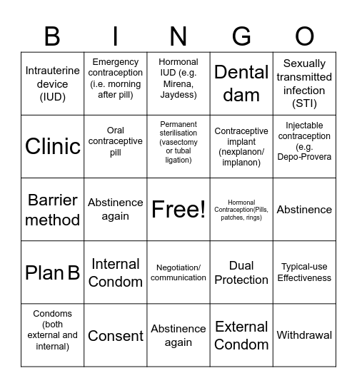 Find the Contraception Bingo Card