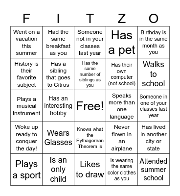 High School Classmate Bingo Card