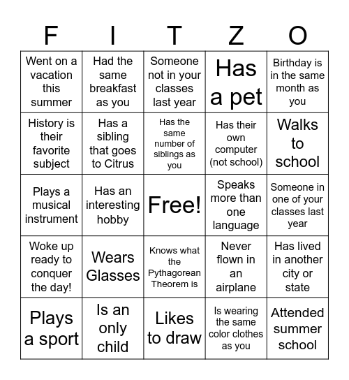 High School Classmate Bingo Card