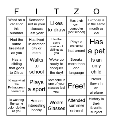High School Classmate Bingo Card