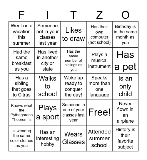 High School Classmate Bingo Card