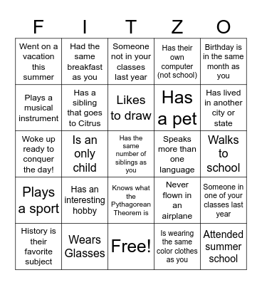 High School Classmate Bingo Card