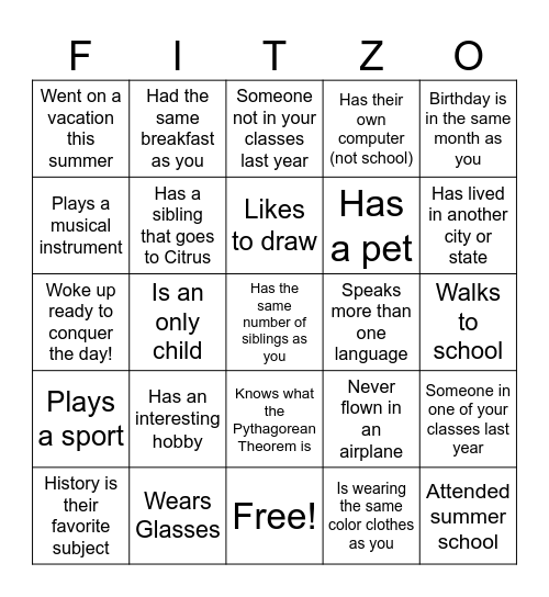 High School Classmate Bingo Card
