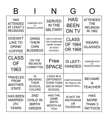 CLASS REUNION BINGO Card