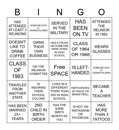 CLASS REUNION BINGO Card