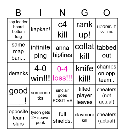 SIEGE! Bingo Card