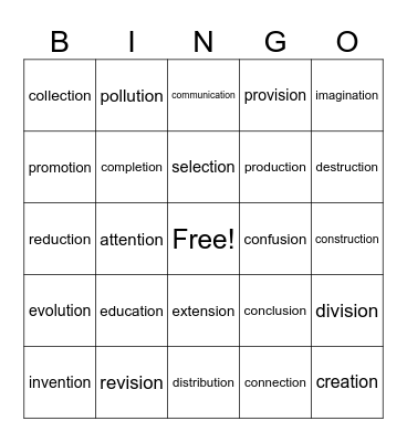 Suffix -ion Bingo Card