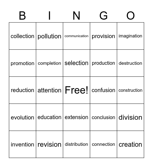Suffix -ion Bingo Card