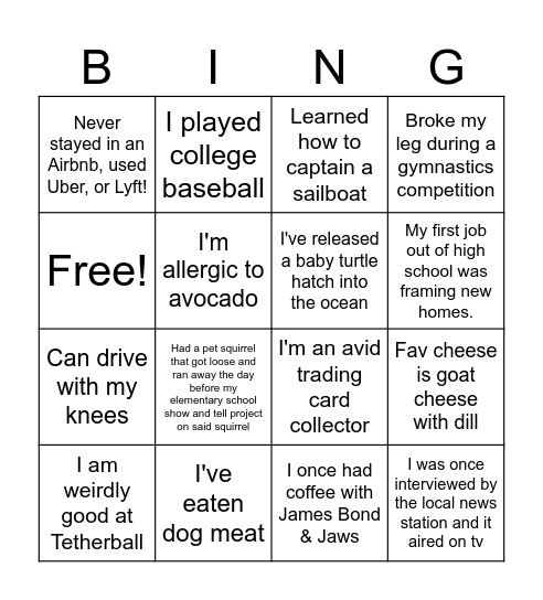 Get to know you bingo Card