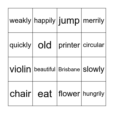 Parts of Speech Bingo Card