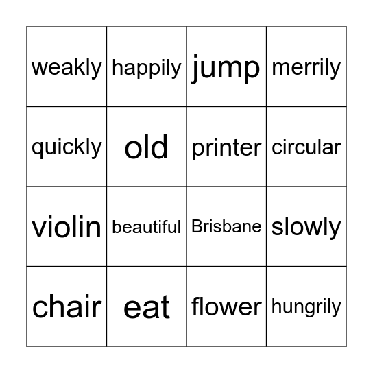 Parts of Speech Bingo Card