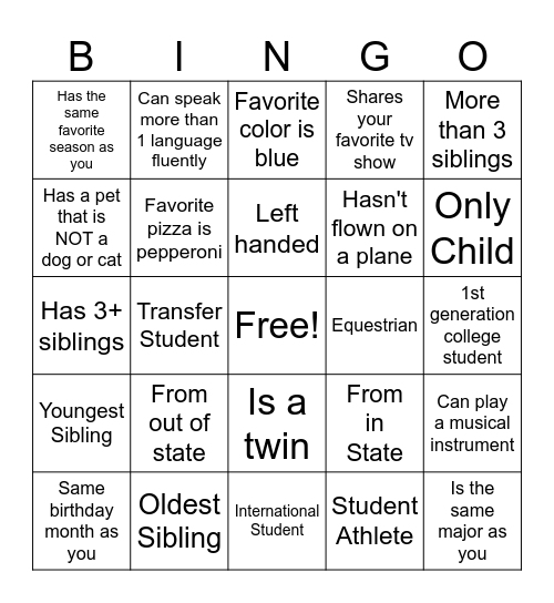 New Student Bingo Card
