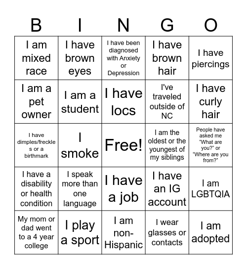 Self-Identity Bingo Card