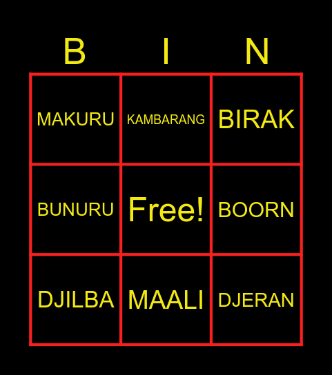 NYOONGAR BINGO Card