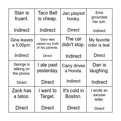 Direct & Indirect Questions Bingo Card