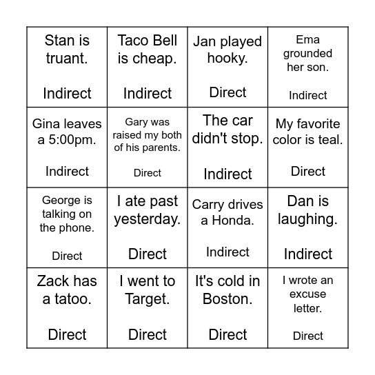 Direct & Indirect Questions Bingo Card
