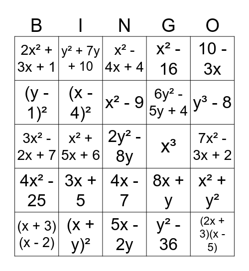Algebraic Expression Bingo Card