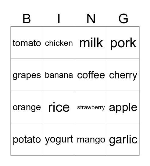 Food and drinks Bingo Card