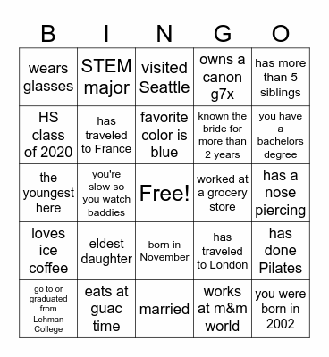 Fatoumata's Bridal Party Bingo Card