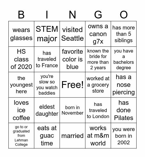 Fatoumata's Bridal Party Bingo Card