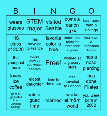 Fatoumata's Bridal Party Bingo Card