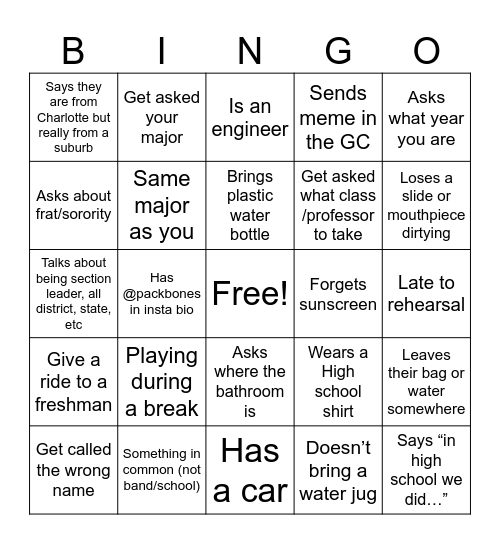 Freshman Bingo Card