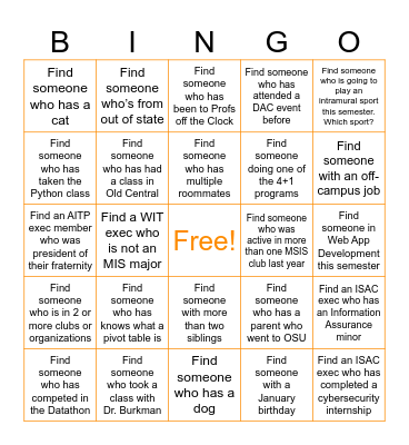 MSIS Club Mixer Bingo Card