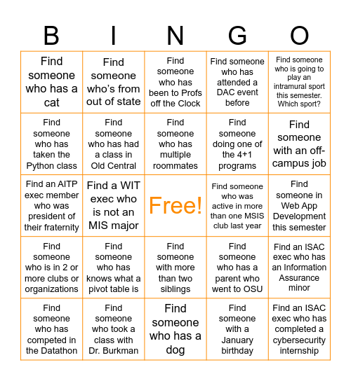 MSIS Club Mixer Bingo Card