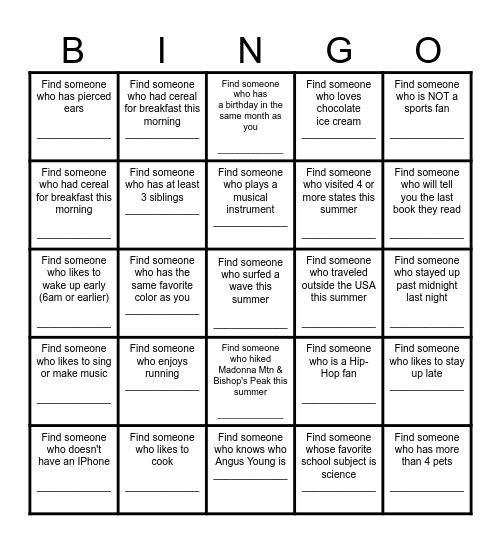 Find a Friend Bingo Card