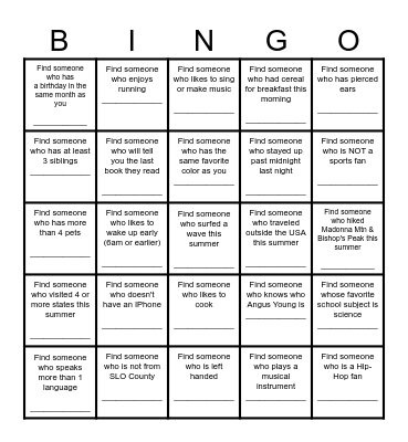 Find a Friend Bingo Card