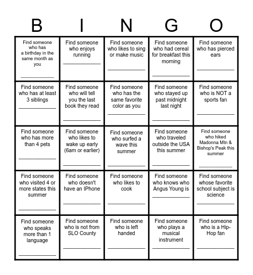 Find a Friend Bingo Card