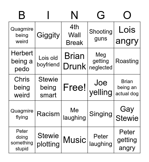 Family Guy Bingo Card