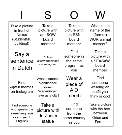 Around the WURld Bingo Card