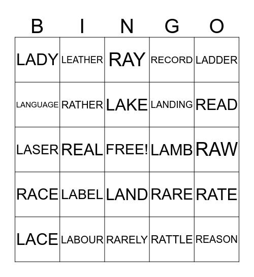 L & R WORDS Bingo Card