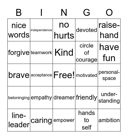 social skills Bingo Card